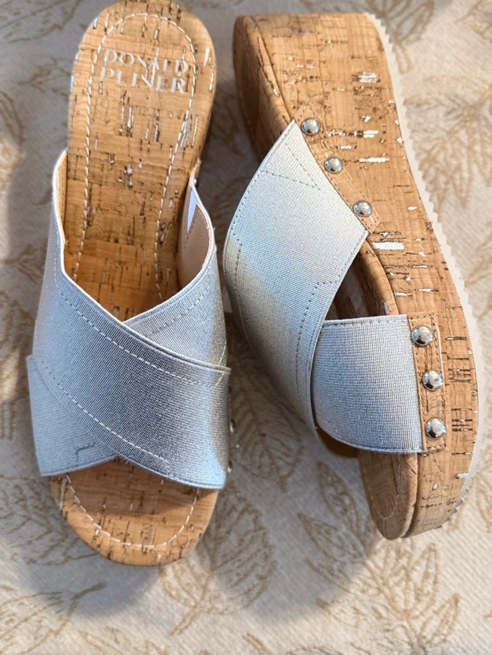 Donald J. Pliner Silver Cross-Strap Cork Wedge Slides
